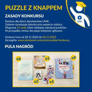 na zdjęciu zasady konkursu i nagrody: książki, karty, puzzle i skarpetki. Kliknij, aby powiększyć zdjęcie.